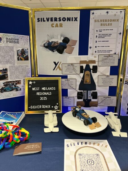 Poster display board and table, with gold frame and blue background. Several photographs and documents are attached. On the table there are models of the SilverSonix car design, as well as Racing Pride wrist bands and posters. 