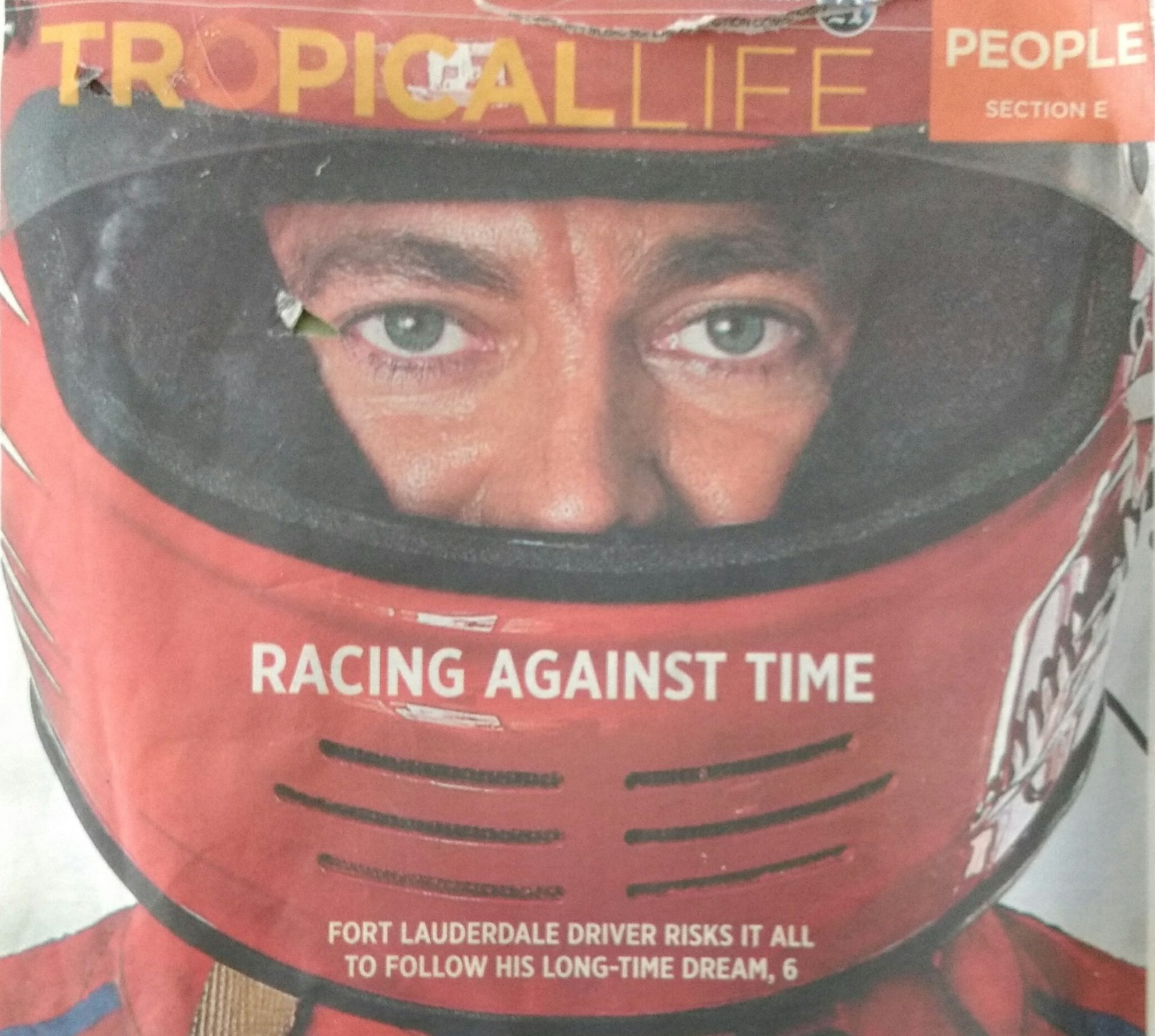 Evan Darling race helmet newspaper clipping